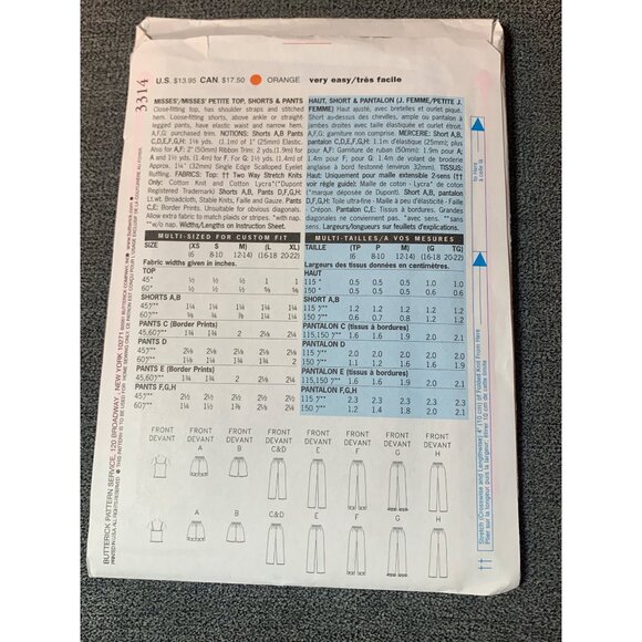 Butterick 3314 Sewing Pattern Misses Pajama Pant Size Large XLarge 2001 - Picture 2 of 2